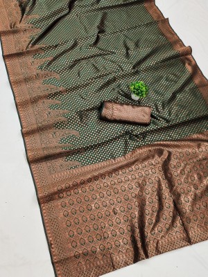 TRENDING KART Woven Banarasi Silk Blend Saree(Green, Brown)