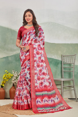 DHARMRAJ ENTERPRISE Digital Print Assam Silk Cotton Linen Saree(Red)