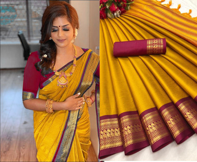 mishihouse Woven, Solid/Plain, Self Design Kanjivaram Jacquard, Pure Silk Saree(Mustard)