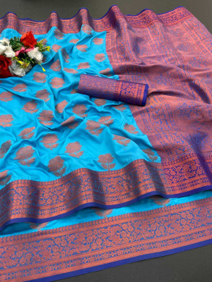 JbWorld Woven, Embroidered, Floral Print Banarasi Cotton Silk, Pure Silk Saree(Light Blue, Blue)