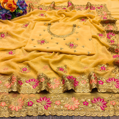 Radheradhey Embroidered Bollywood Georgette Saree(Yellow)