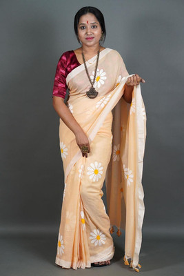 cloud vastra Printed Handloom Pure Cotton Saree(Cream)