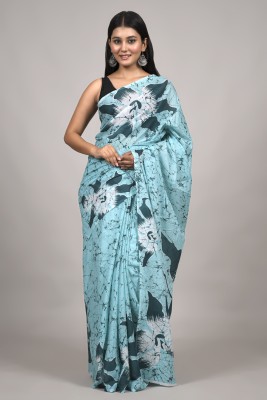 NUR Printed Handloom Cotton Linen, Cotton Silk Saree(Light Blue)