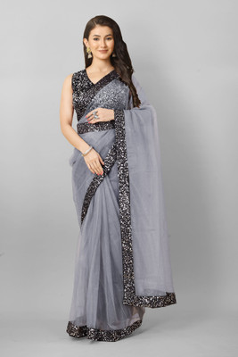 RUCHKET Embellished Bollywood Net Saree(Grey)