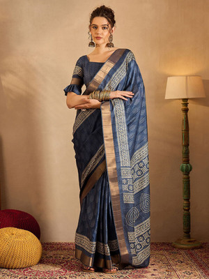 Anouk Rustic Printed Chinnalapattu Silk Blend Saree(Dark Blue)