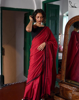 AMITA BUTIQUE Woven Handloom Cotton Blend Saree(Red)