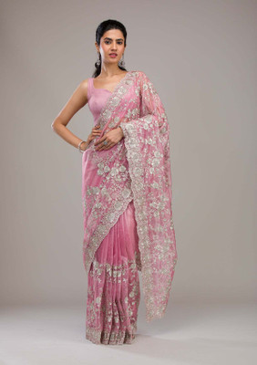 KOSKII Embroidered Bollywood Tissue Saree(Pink)