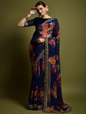 Sareemall Embellished Bollywood Georgette Saree(Dark Blue)