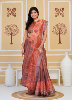 SHRIVAN FASHION Printed Bollywood Silk Blend Saree(Brown, Orange, Gold)