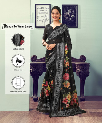 SIRIL Floral Print, Printed Kota Doria Cotton Blend Saree(Black, Multicolor)