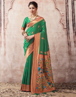 Samah Woven, Embellished Paithani Silk Blend, Pure Silk Saree(Dark Green, Multicolor)