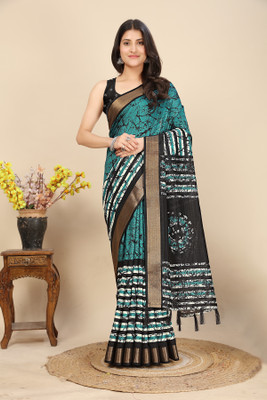 J6 Designers Printed Hand Batik Cotton Silk Saree(Blue)