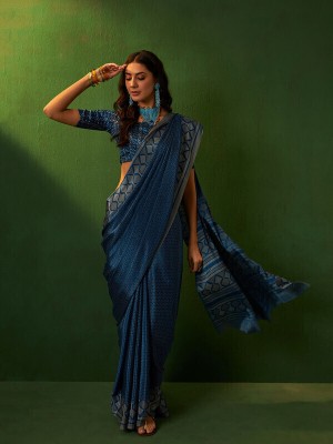 Dori Printed Daily Wear Crepe, Silk Blend Saree(Blue)