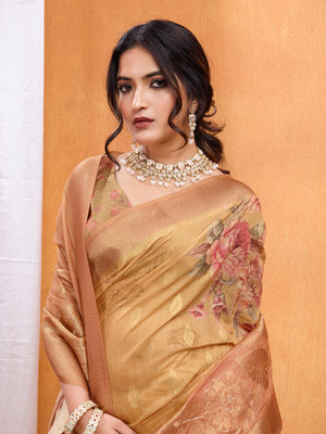 Tasrika Self Design Banarasi Cotton Blend Saree(Mustard)