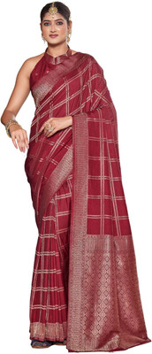 Rashmiwala Checkered Bollywood Silk Blend Saree(Maroon)