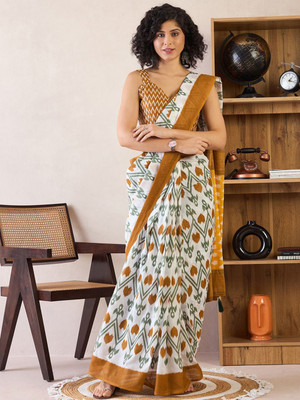Anouk Rustic Printed Pre Draped Saree Cotton Blend Saree(White)