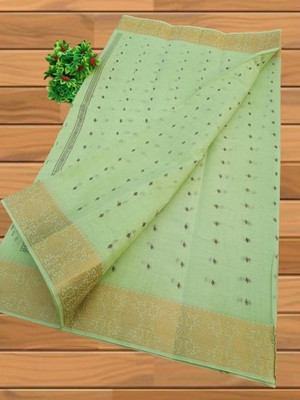 Happy Creation Printed Tant Handloom Cotton Blend Saree(White, Blue)
