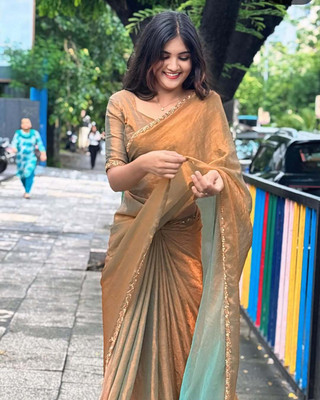 DEBRIS FAB Solid/Plain Bollywood Organza Saree(Mustard)