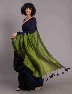 Sandhyatara Solid/Plain Handloom Cotton Blend Saree(Dark Blue)