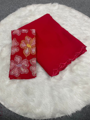 VARDHMAN FAB Solid/Plain, Self Design Bollywood Georgette Saree(Red)