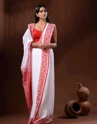 Puspa Fashion Self Design Handloom Cotton Blend Saree(White)