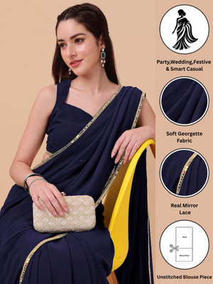 Rensa Solid/Plain Kasavu Georgette Saree(Dark Blue)