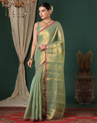 SIRIL Solid/Plain Bollywood Tissue, Cotton Blend Saree(Green)