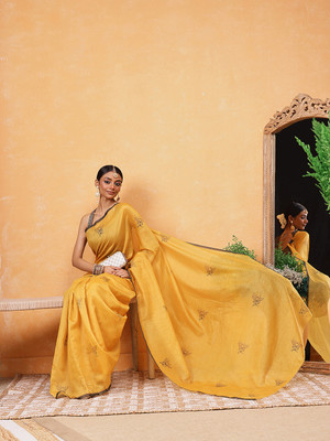SILK ZONE Printed Chanderi Cotton Blend Saree(Yellow)