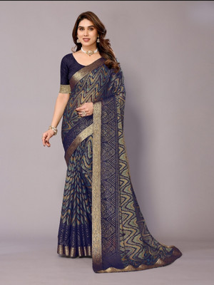 PinkEVE Printed Leheria Brasso, Chiffon Saree(Blue, Gold)