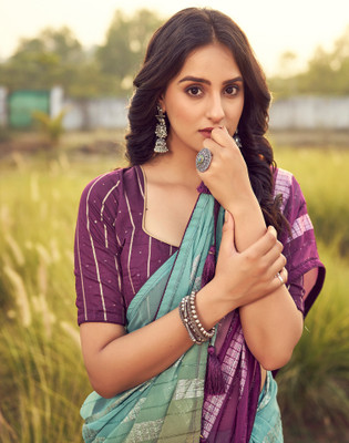 Samah Striped Bollywood Georgette Saree(Magenta, Green, Blue)