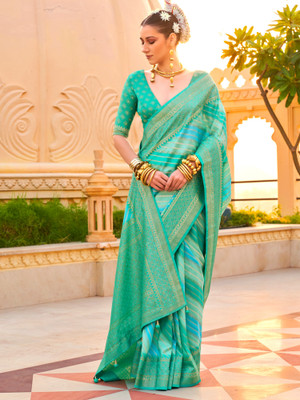 Tasrika Printed Banarasi Silk Blend Saree(Light Blue)