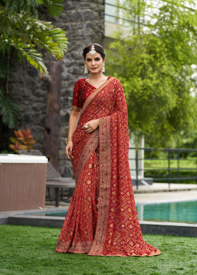 RekhaManiyar Printed Bandhani Georgette Saree(Maroon)