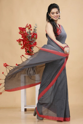 GOURISAREE Solid/Plain Tant Cotton Blend Saree(Grey)