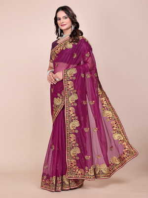 yourwish Embroidered, Embellished Bollywood Supernet Saree(Magenta)
