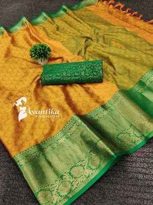 AVANTIKA FASHION Printed, Temple Border, Woven, Embellished, Solid/Plain Banarasi Art Silk, Cotton Silk Saree(Mustard, Green)