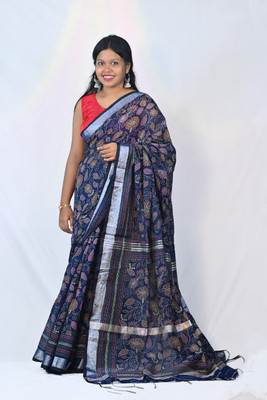 Ahana Textile Printed Handloom Cotton Blend Saree(Multicolor)