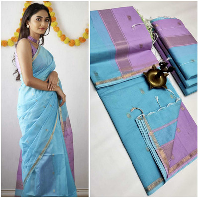 SIRINIKAA FASHIONS Woven Handloom Pure Cotton Saree(Light Blue, Purple)