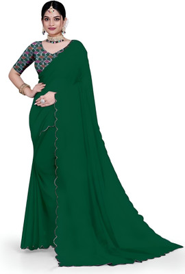 Avishafab Solid/Plain Bollywood Georgette Saree(Green)