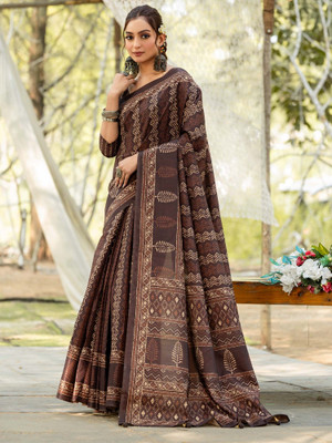 Tasrika Printed Leheria Silk Blend Saree(Brown)