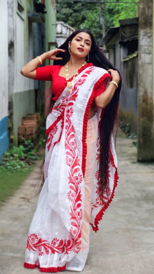 mallik Self Design Jamdani Cotton Blend Saree(White)