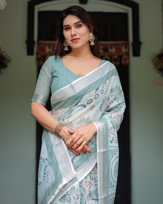 ALMAARI FASHION Digital Print Handloom Cotton Linen Saree(Blue)