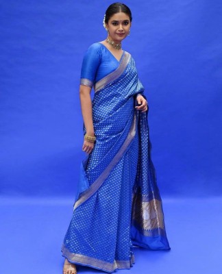 FashDeal Woven Kanjivaram Pure Cotton Saree(Blue)