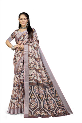 PARVOTSAV Geometric Print Daily Wear Linen Saree(Brown)