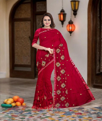 chukchuk Embroidered Handloom Organza Saree(Maroon)