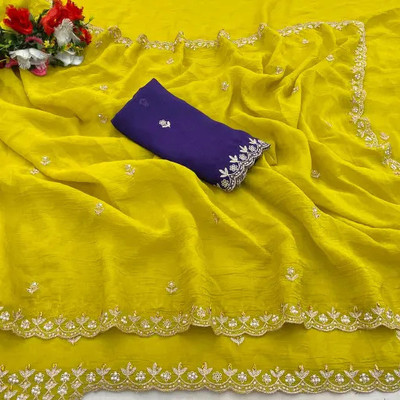 Shivam Fashion Embroidered Bollywood Chiffon Saree(Yellow)