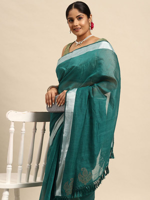 Sztori Woven, Self Design Bhagalpuri Cotton Linen Saree(Light Green, Silver)