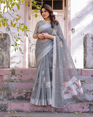 Soor Panchi Digital Print Kasavu Cotton Linen Saree(Grey)