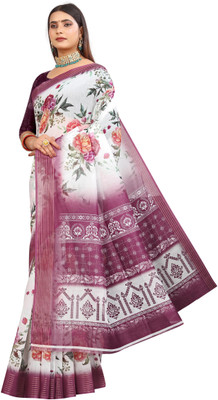 ASHTA Printed Kanjivaram Pure Cotton, Chanderi Saree(White, Magenta)