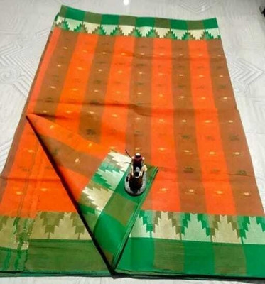 Parbati fashion Printed Tant Pure Cotton Saree(Orange, Dark Green)