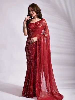 DDRS Fashion Embroidered Bollywood Georgette Saree(Red)